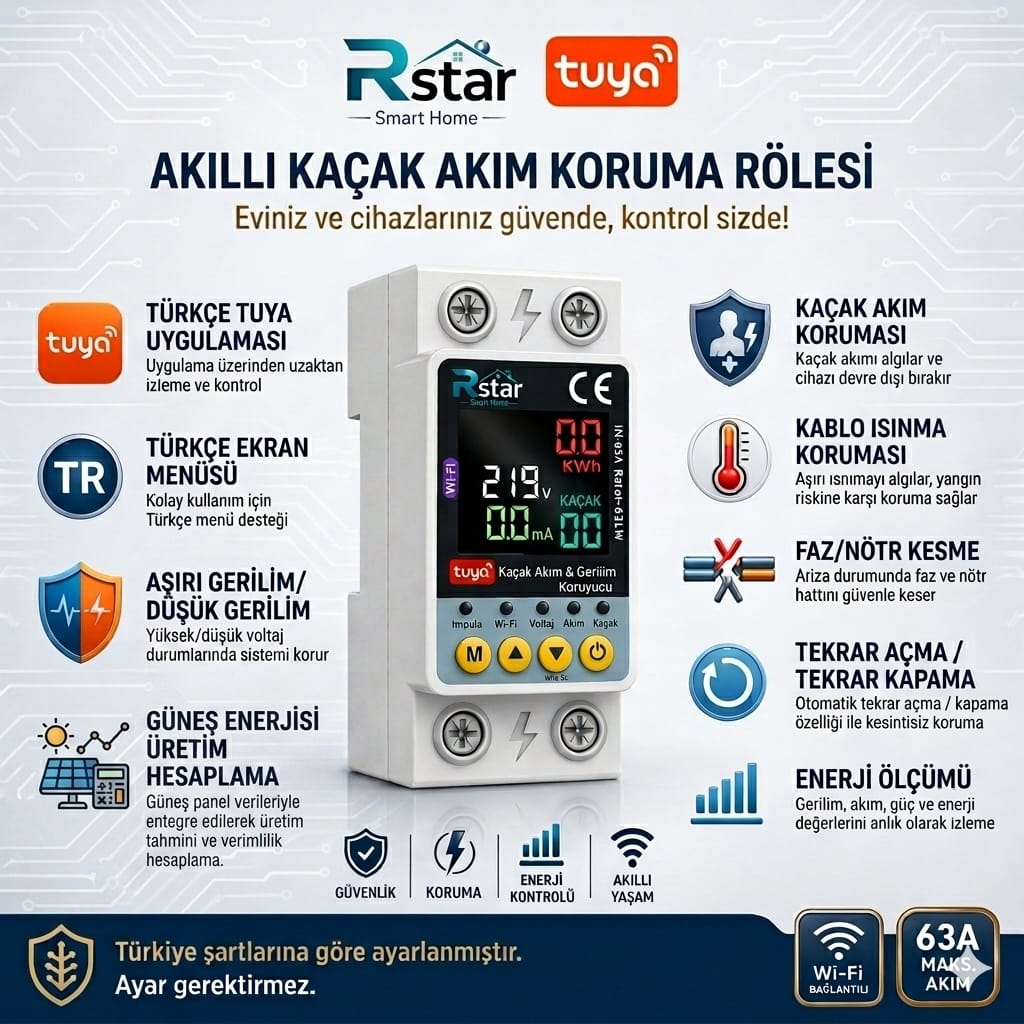 Rstar 63A WiFi Akıllı Kaçak Akım Rölesi